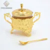 Tulip Design Metal Gold Plated Iron Round Shape Sugar Pot With Cover And Spoon