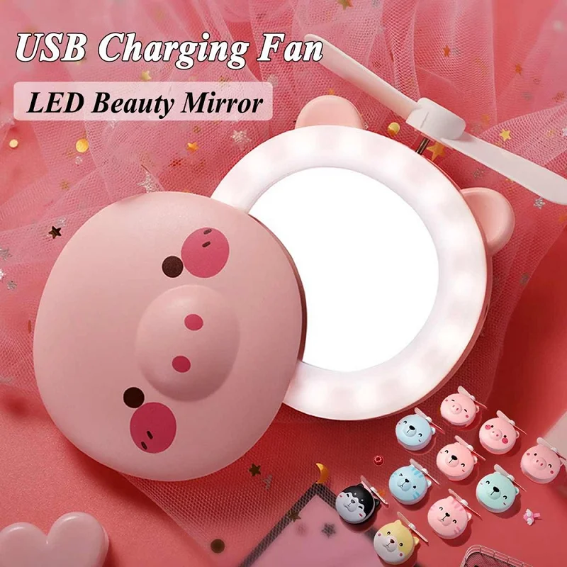 2019 new product pig  Holder Handheld Fan Makeup Mirror LED Mini Fan