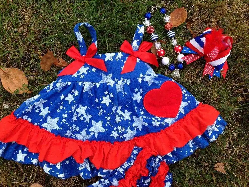 2015 baby new July 4th red heart swing tops swing outfits with matching necklace and headband
