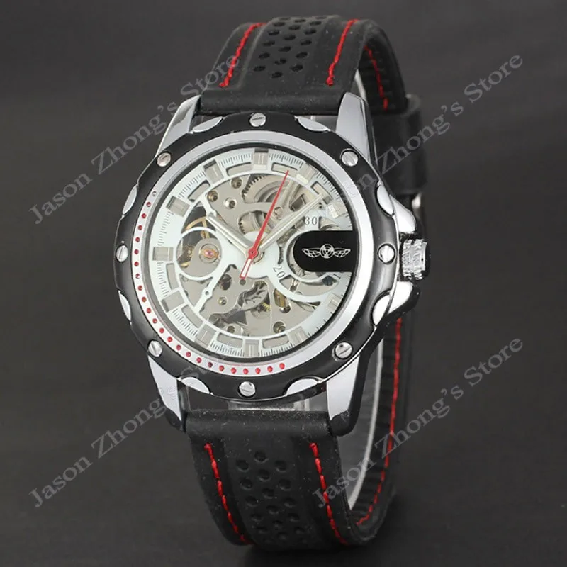 New WINNER Hollow Engraving Skeleton Casual Design Black Golden Case Rubber Strap Watches Men Luury Brand Automatic Watches
