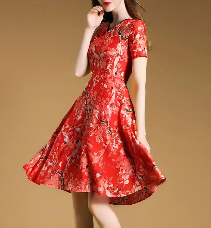 M108 D.Y de verano de las señoras mujeres moda estilo chino impresión floral vestido rojo