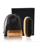 Wooden beard care kit shave brush men beard comb and brush set with black nylon bag