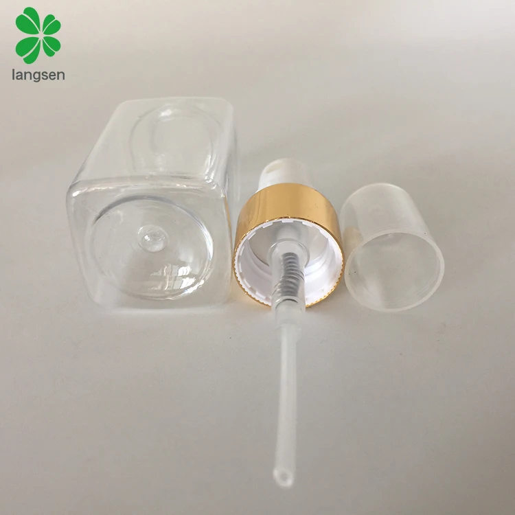 Hot selling PET 40ml square spray bottle with gold mist sprayer cap, perfume bottle