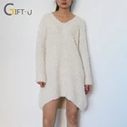 Giftu 86093# Popular Design Long Knit Women Dress V-Neck Sweaters Pullovers