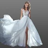 Cheap A line Wedding Gown Garden Slit Chiffon Cap Sleeve Sexy Wedding Dresses