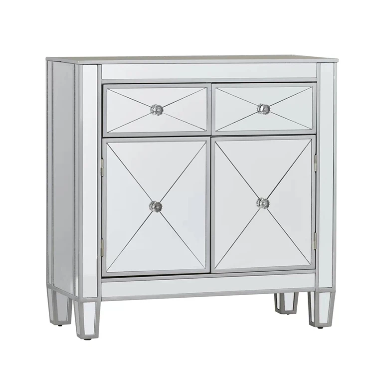 Modern Furniture 2 Drawers Narrow Mirrored And Mdf Silver Cabinet