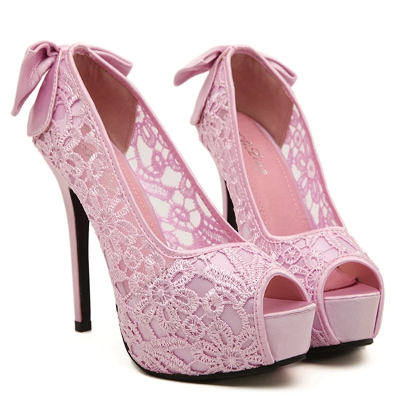 New 2015 Fashion Sweet Bow Wedding Shoes For Women High Heels Sexy Lace Flower Platform Pumps Ladies Dress Peep Toe Shoes woman