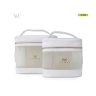 elegant white mesh transparent travel pouch cosmetic bag with leather handle