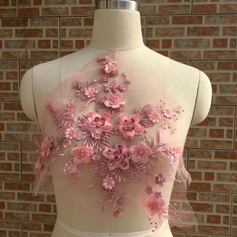 Супер великолепные кружевные нашивки цветы ручной работы с жемчужными блестками Eugen пряжа аппликация для DIY свадебное платье D473