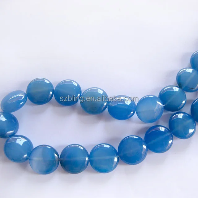 natural gemstone blue agate puffy coin beads 16"