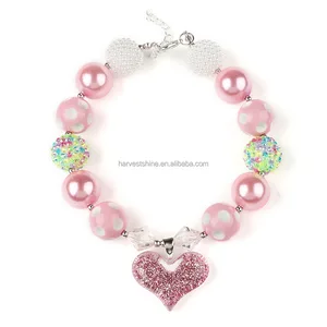 pink heart pendant chunky necklace,beaded choker necklace for