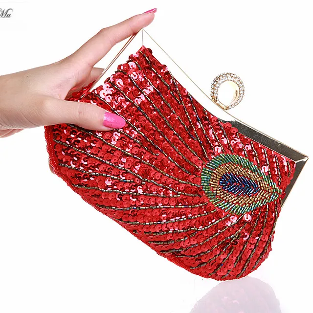 Dazzling Hand Sequined Baguette Style Evening Clutch Purse With Detachable Chains - Multicolored