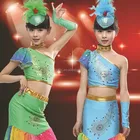 New high quality Children Peacock dance Costumes Minority Dance dress for Girls Green/ Blue/ Rose