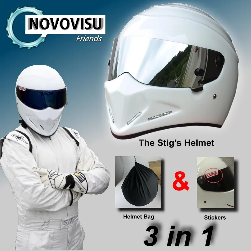 For NOVOVISU The STIG White Helmet Capacete Casco + Bag + SIMPSON Sticker 3in1  White Helmet with Silver Visor  Racing Style 01