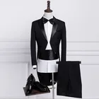 Mens Classic Black White Shiny Lapel Tail Coat Tuxedo Wedding Groom Stage Singer Four Piece Suits