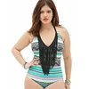 Plus size ladies sexy xxxl bikini tassels printing v neck bodysuit swimwear CC-1705