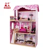 Pink 3 floors large kids pretend play toy girl wooden big doll house for children 3+