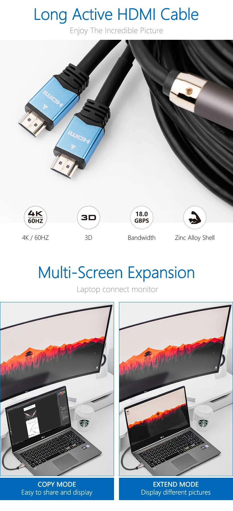 Support 4K Resolution 20M Metal Shell Active HDMI Cable 2.0 Long HDMI Cable - ANKUX.COM