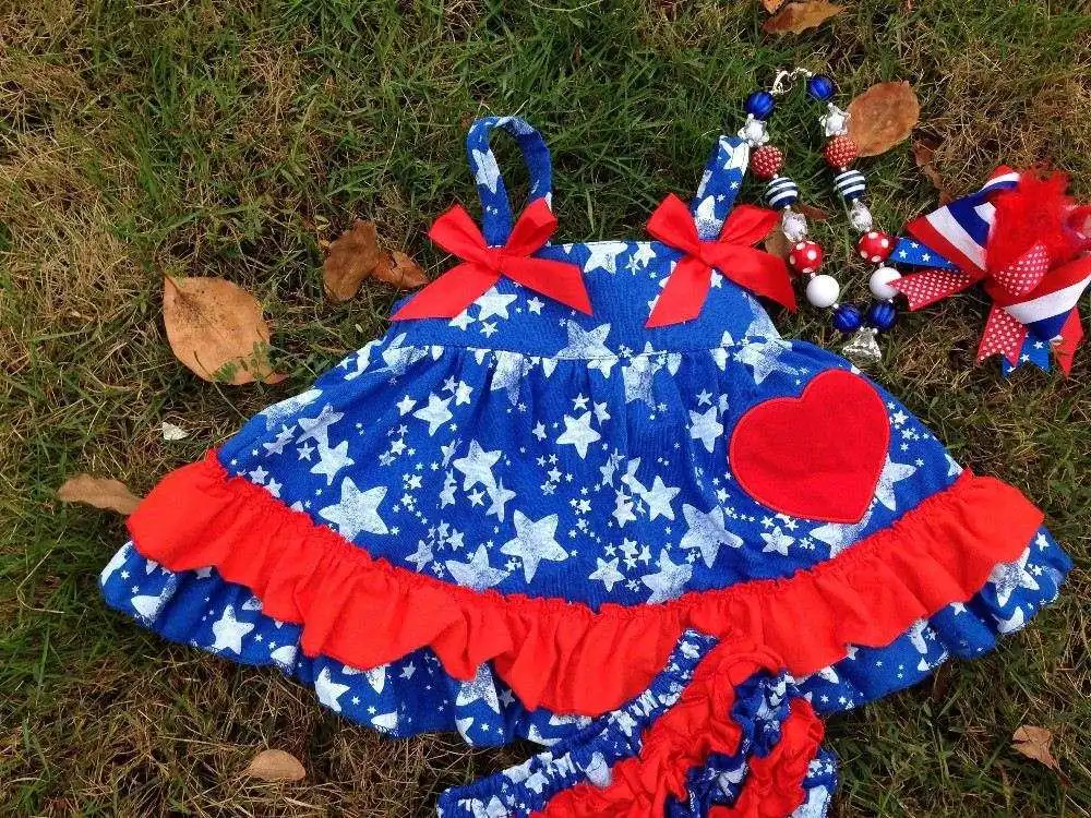 2015 baby new July 4th red heart swing tops swing outfits with matching necklace and headband