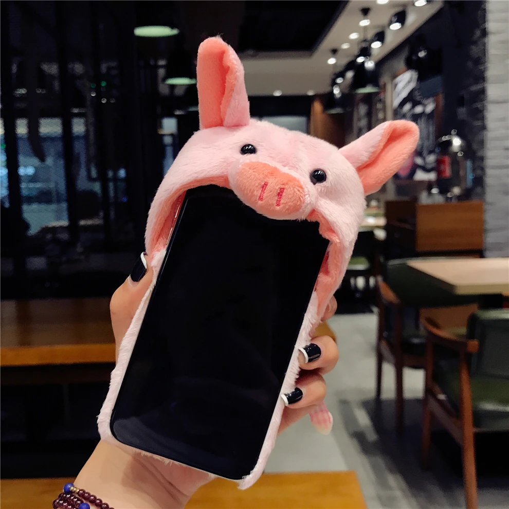 YEMIAO Pig Dog Hat Fur Case For iPhone X 6 6S 7 8 Plus Girl Style Winter Warm Cute Cover For iPhone X 10 6 6S 7 8 Plus Accessory (5)