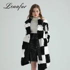 Korean Style Rabbit Fur Coat Long Black White Grid Design Real Rabbit Fur Coat Women