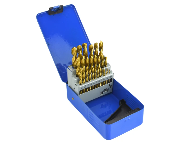 29Pcs Inch Jobber Length Polished Titanium HSS Drill Bit Sets in Metal Box