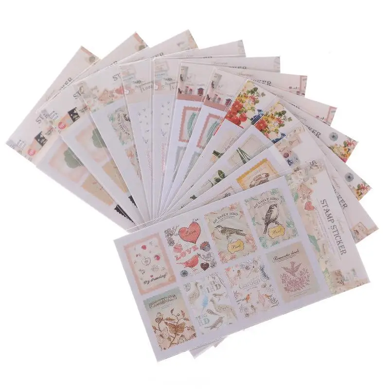 DIY Scrapbook Note Paper Retro Tower Flower Stamps Stickers Decoration Sticker Vintage Album Postage Stamp Stickers Color Random