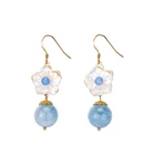 hand made gold jewelry aquamarine bead earrings with mother pearl