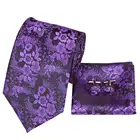 Mens Tie Purple Fabric Jacquard Woven Flower Silk Ties Hanky Cufflinks Necktie Set