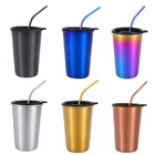 Reusable stainless steel coffee cup with lid , travel mug with straws
