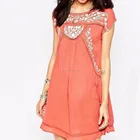Summer Embroidery Mini Dress Ruffled Linen Holiday Beach Women Dresses Short Sleeve Loose Clothes STb-0312