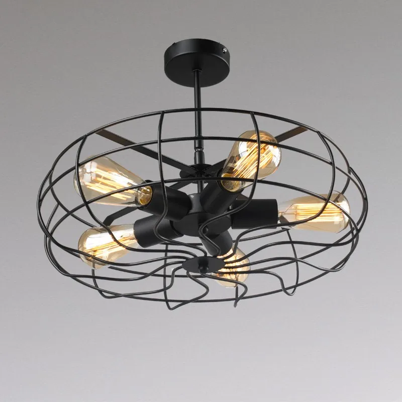 5 Heads Vintage Wrought Iron Light Loft Semi Flush Ceiling Fan
