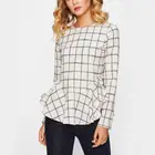 2018 Popular Ruffle Hem Curved Ladies Long Sleeve Plaid Cotton Grid Top Blouse
