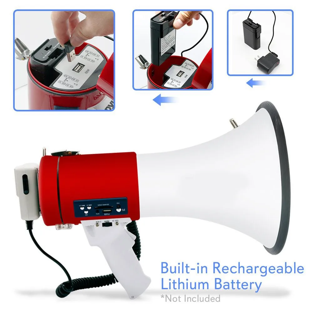 Megaphone 50-Watt Siren Bullhorn - Bullhorn Speaker w/ Detachable Microphone, Portable Lightweight Strap & Rechargeable Battery - ANKUX.COM