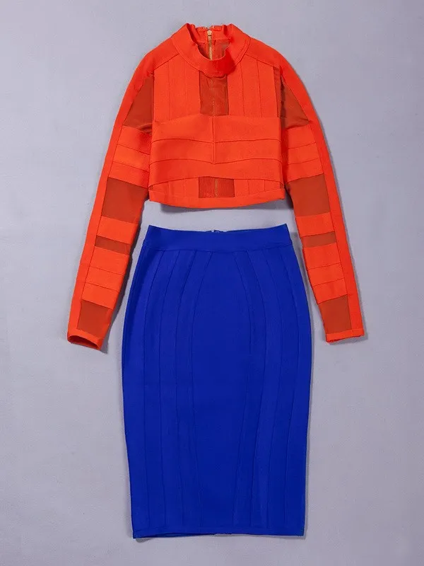 2016 new summer orande and blue two pieces set mesh long sleeve knee-length sey party night club Bandage Dress wholesale