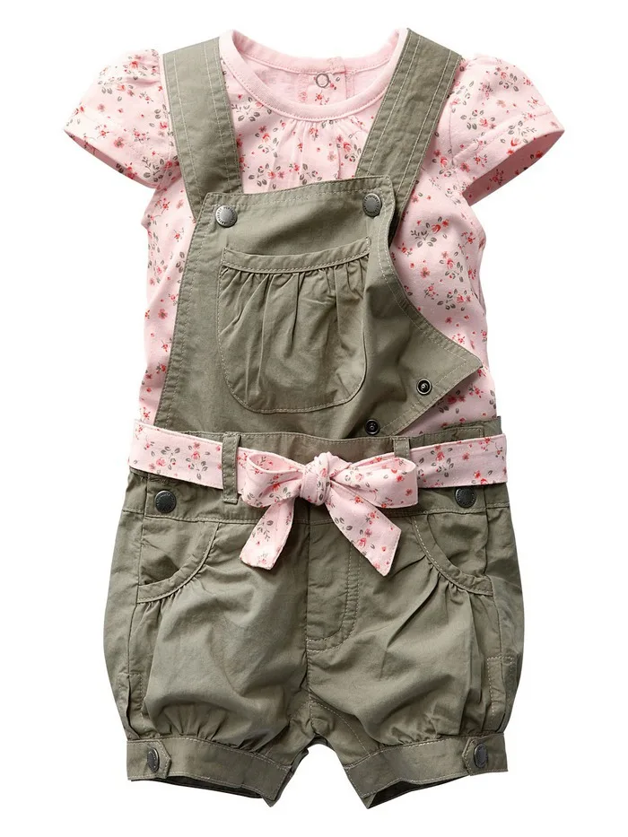 Retail 2014 Baby Girls Summer Suits Girls Cotton Clothing Sets For 0-2 Yrs Baby Floral t-shirt + Overalls + Belt Free Shipping