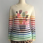 Women's High Fashion New Trend Personalized Cactus Design Digital Printed Rainbow Stripe Cashmere Pullover Sweater