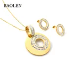 Pretty Solid Gold Jewelry Stainless Steel Round Pendant Shining Crystal Necklace Circle Jewellery Set Layout Design
