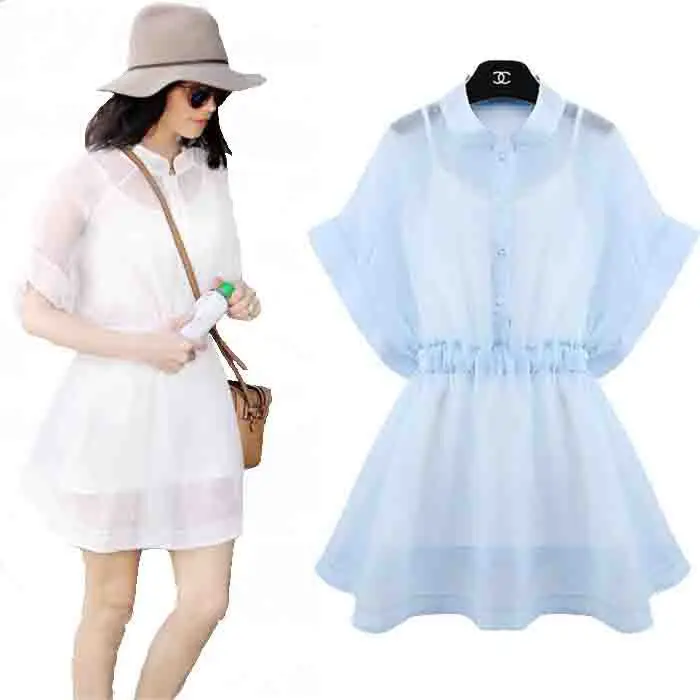 2 Piece Set Women 2015 Summer Dress Great Place Loose Lace Bowknot Solid O-Neck Batwing Sleeve Chiffon Button Woman's Vestidos