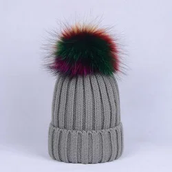 Kids warm Acrylic scarf set with fur pom pom beanie knitted winter hats for baby boys girls