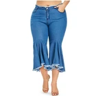 Pretty Frills Flare Hem Pants Blue Ladies Denim Plus Size Women Jeans