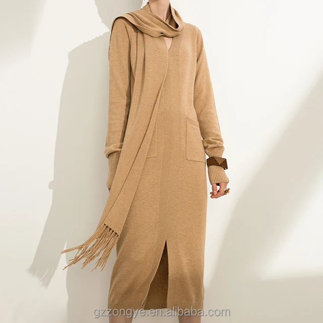 camel color long straight sexy v-neck knitted sweater woolen