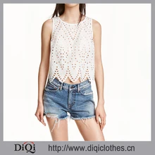 2017 DIQI Women Newest Embroidered Sleeveless Blouse In Woven Fabric With Eyelet Embroidery And Scalloped