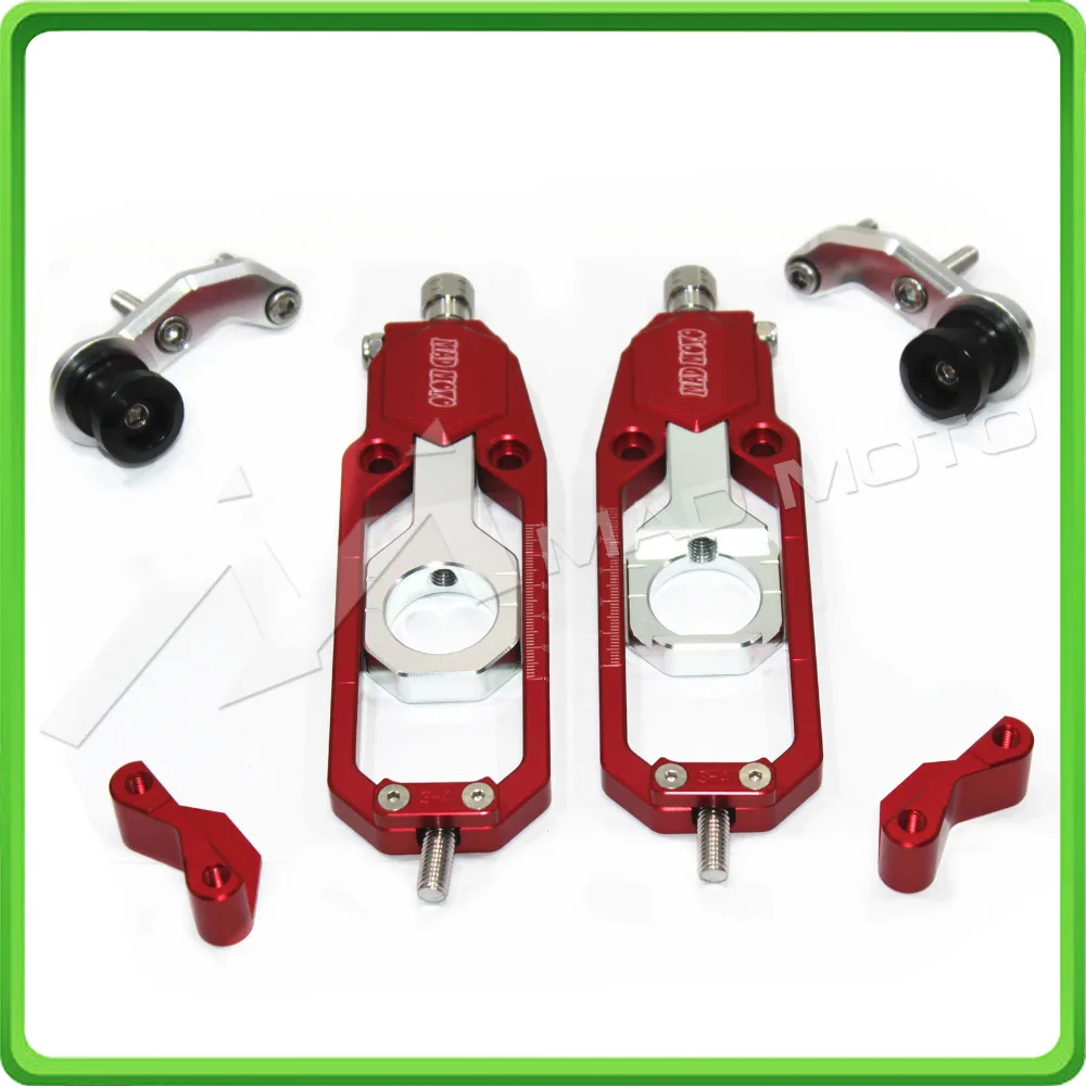 Motorcycle Chain Tensioner Adjuster with paddock bobbins kit for Suzuki GSXR600 GSX-R750 2006 2007 2008 2009 2010 Red&Silver (12)