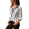 Women's V Neck wavy Stripes Roll up Sleeve Button Down Blouses Tops