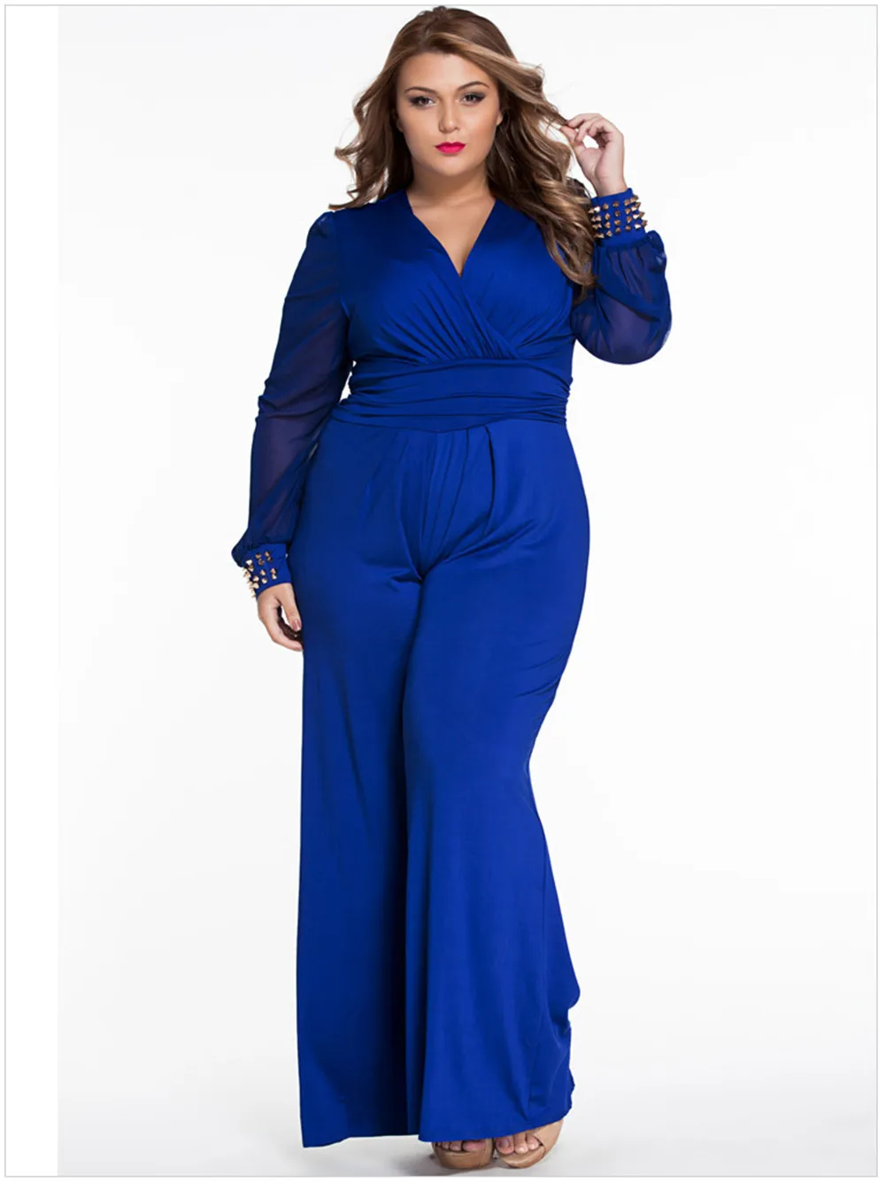 Sexy Deep V-neck Embellished Cuffs Jumpsuit 2018 Spring Party Mesh Sleeves Loose Club Pant Long Black Rompers Womens Jumpsuit (7)