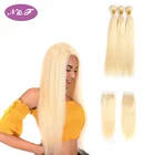 High quality virgin blonde human hair 3 bundles with free part 4x4 lace closure 613 human hair straigh weave bundles closure