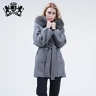 Winter Cashmere Jacket European Style Women Real Fox Fur Hooded Wool Coat