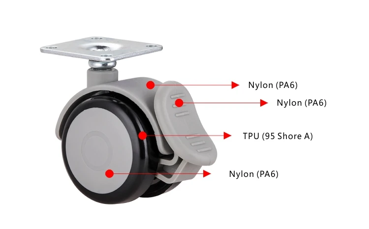 Small 2 Inch 50mm Noiseless Nylon Core TPU Medical Equipment Twin Caster Wheel