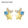 GEM&TIME 14K Solid Gold Earrings Sea Blue Cubic Zirconia Star Jewelry Earrings for Girls